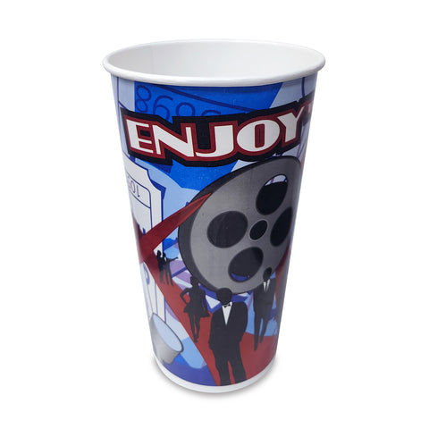 Red white and blue cold drink cup with the word Enjoy shown and a movie reel.