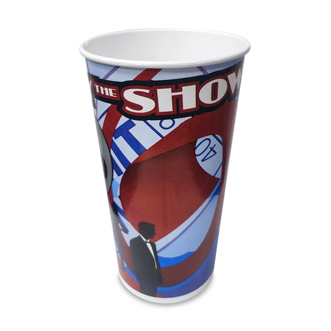 Red white and blue cold drink cup with the words The Show shown.