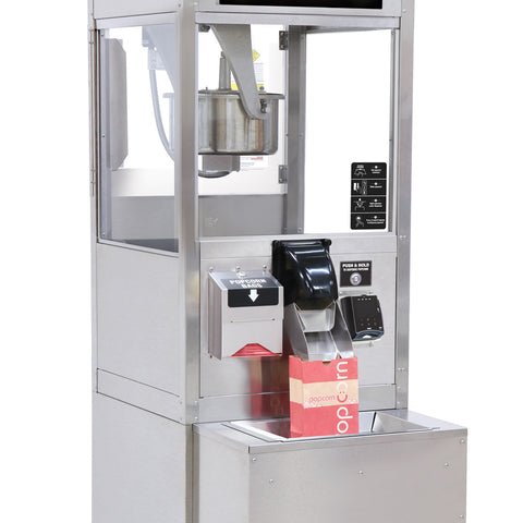 stainless steel readypop popcorn machine with the bag holder on front of popper.