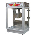 16-ounce commercial popcorn machine with a stainless steel kettle, clear glass panels, white corner posts, and an illuminated “Pop Corn” sign on top.