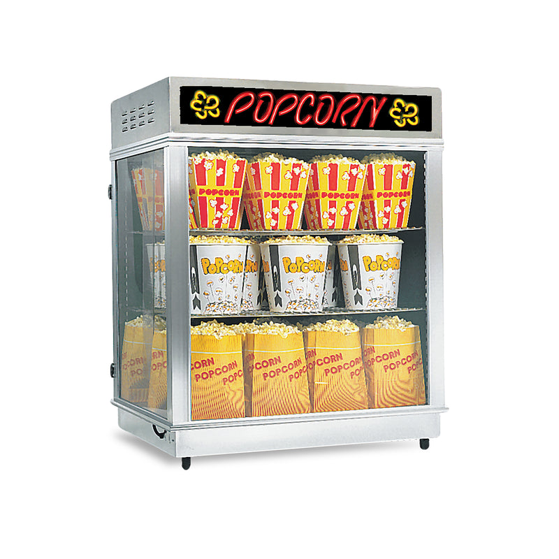 Large popcorn staging cabinet with three shelves and single side sliding door on one side and swing out doors on other