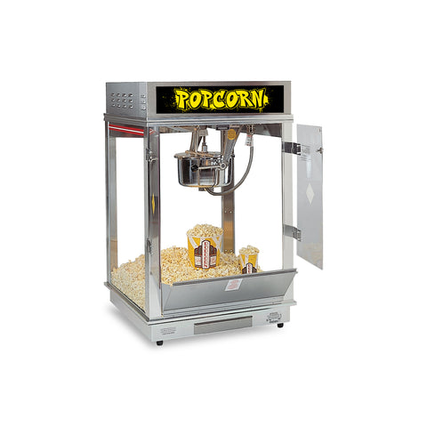 Popcorn Machine with an urban popcorn text sign in yellow isolated on a black background.