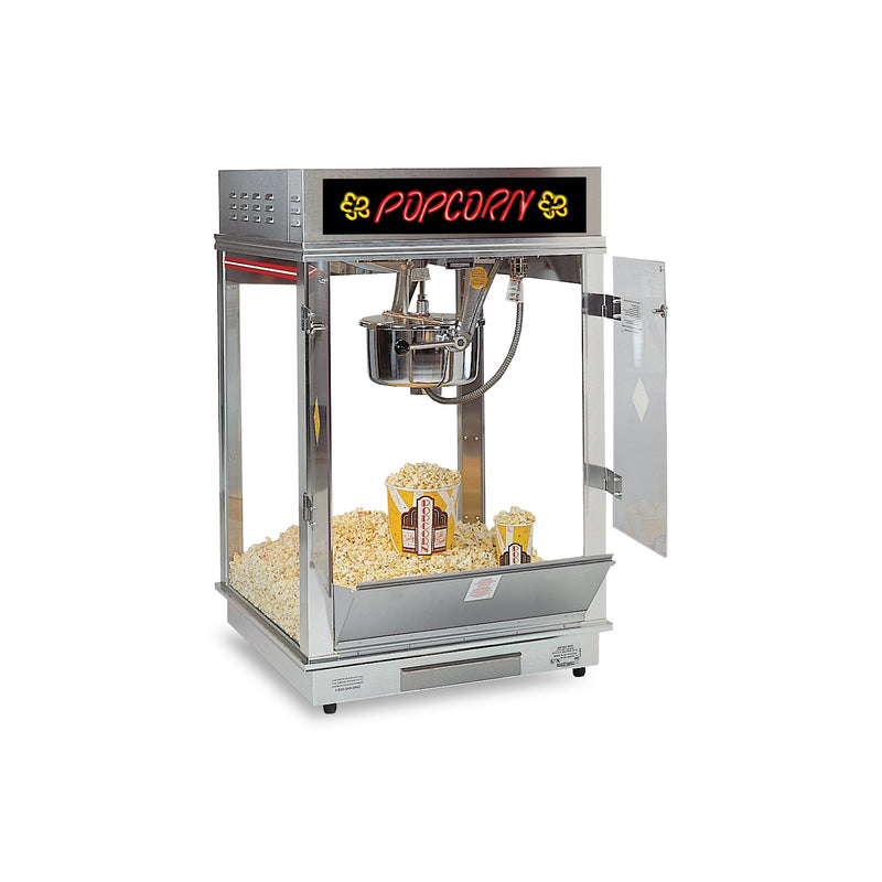 popcorn machine with red and yellow led neon sign