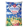 Blue bag of Weaver Popcorn Gourmet Mushroom popcorn kernels featuring product branding and an image of popped mushroom popcorn in a striped bowl.