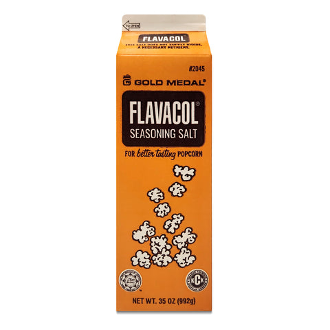 brown carton of flavacol seasoning salt front artwork