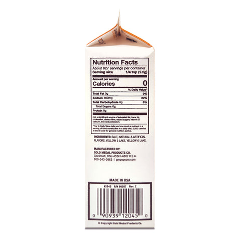 carton of Flavacol seasoning salt showing nutrition facts