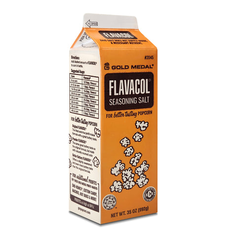 brown carton of Flavacol seasoning salt