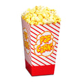 A red and white striped popcorn scoop box filled with yellow popcorn, featuring a 'POP CORN!' logo on the front, isolated on a white background.
