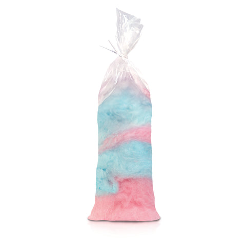 Clear plastic 16 inch poly bag filled with blue and pink cotton candy isolated on a white background.