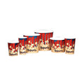 group of red blue and yellow popcorn tubs with the word popcorn on them