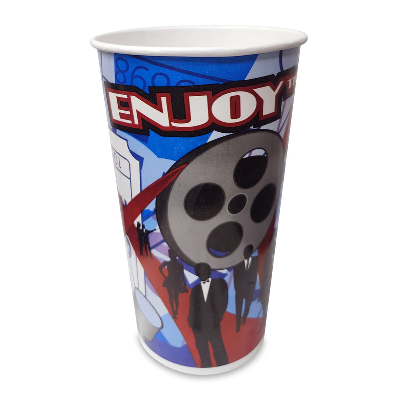 Red white and blue cold drink cup with the word Enjoy shown and a movie reel.