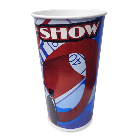 Red white and blue popcorn cup with the words The Show on the side.