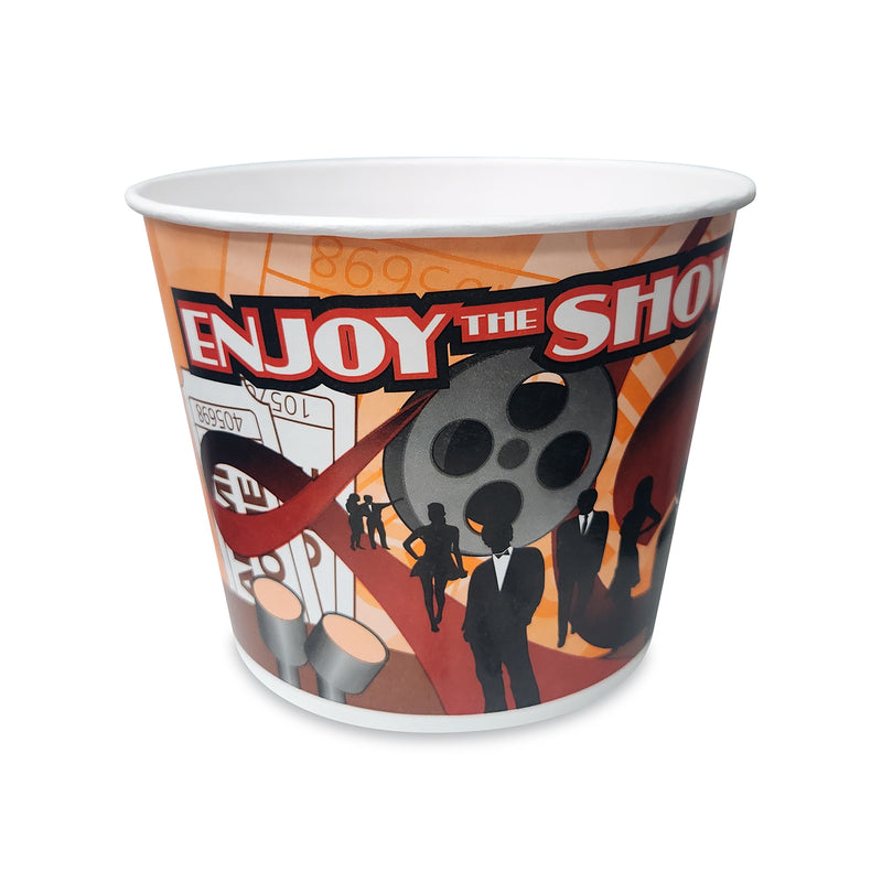 Orange, black and white popcorn tub with the words Enjoy The Show shown and a movie reel.