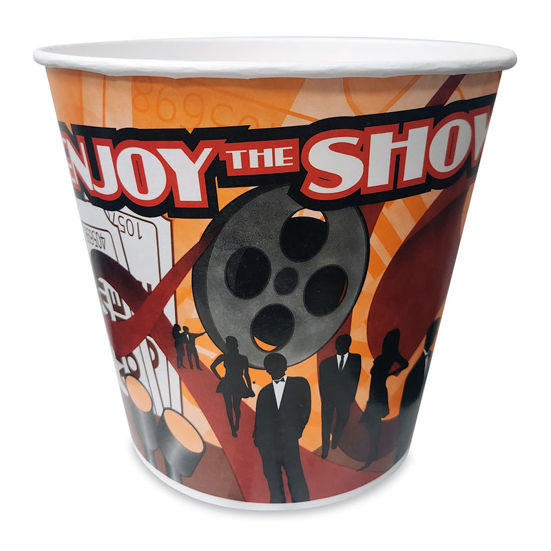 Orange, black and white 85-oz popcorn cup with the words Enjoy The Show and a movie reel on the side.