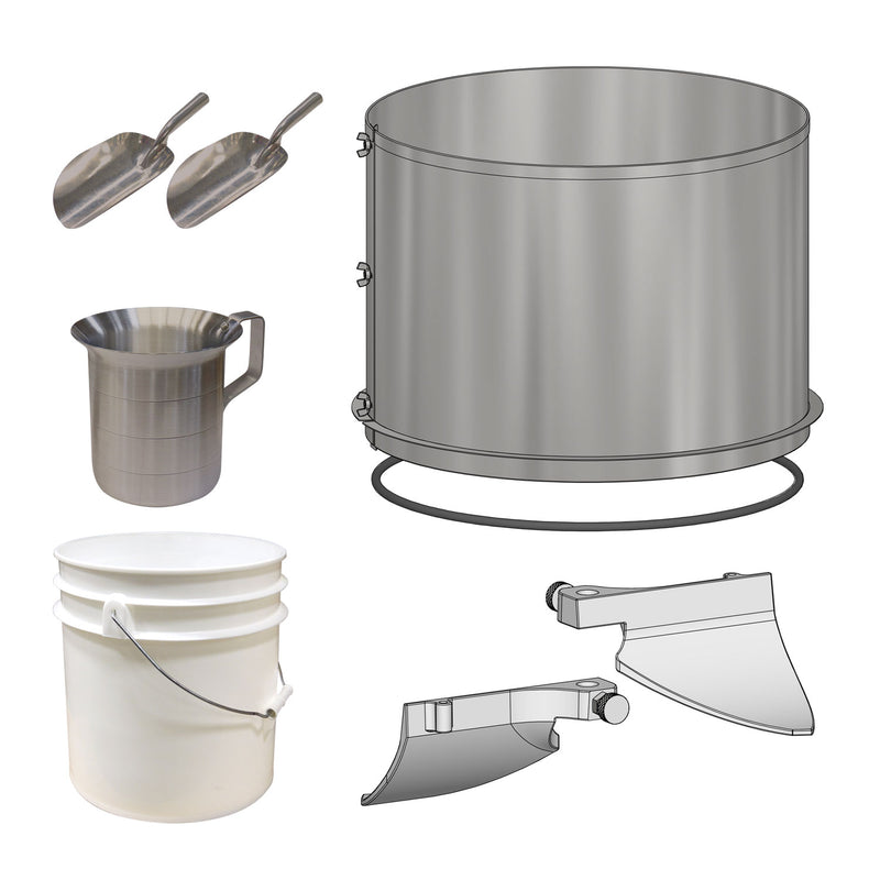 Pictured is the Caramel Conversion Kit which includes a caramel corn drum, caramel corn paddles, 2 aluminum scoops, a measuring cup and a bucket.