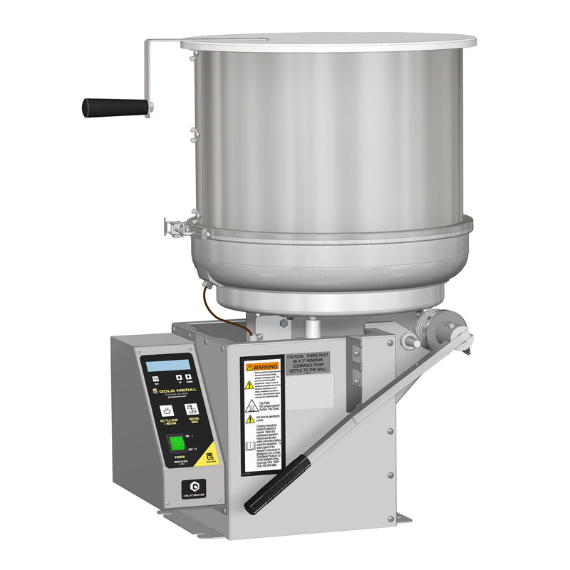 Cooker/mixer for caramel corn and frosted nuts duo with digital controls and left-hand dump. Unit shown with corn treat drum. 
