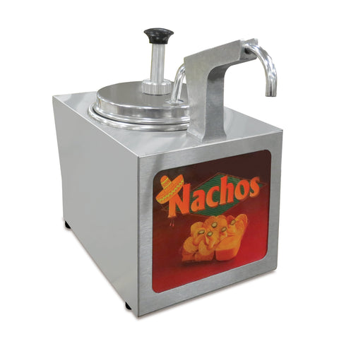 Stainless steel nacho cheese dispenser with a pump handle and spout, featuring a front panel labeled ‘Nachos’ with an image of chips covered in cheese.