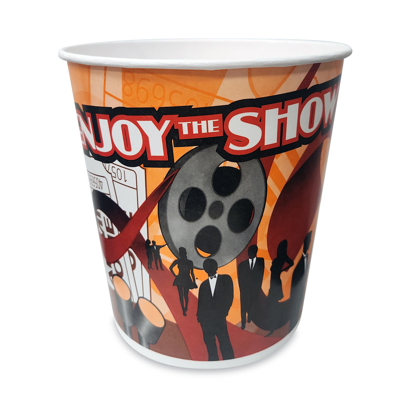 Orange, black and white 130-oz popcorn cup with the words Enjoy The Show and a movie reel on the side.