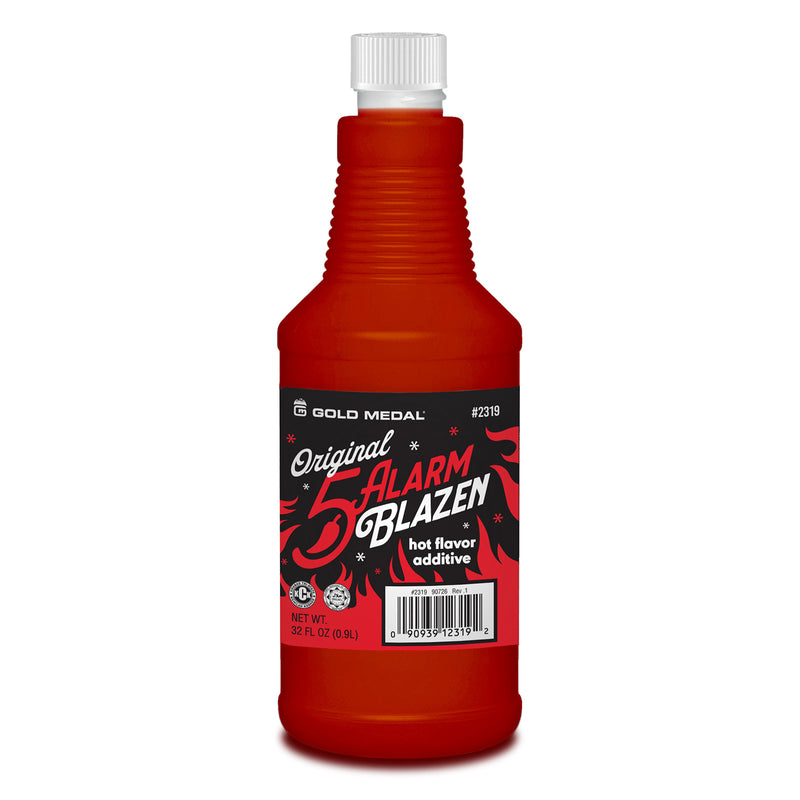 Bottle with a black and red label that states 5 Alarm Blazen Hot Flavor Additive filled.