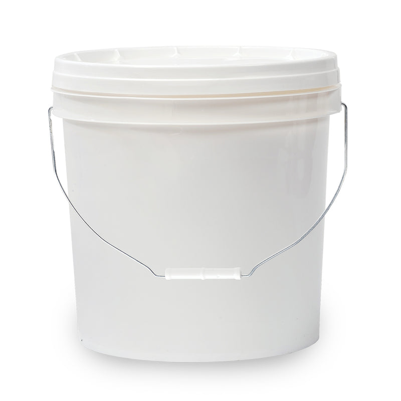 White plastic tub with silver handle filled with  white cheddar cheese paste.