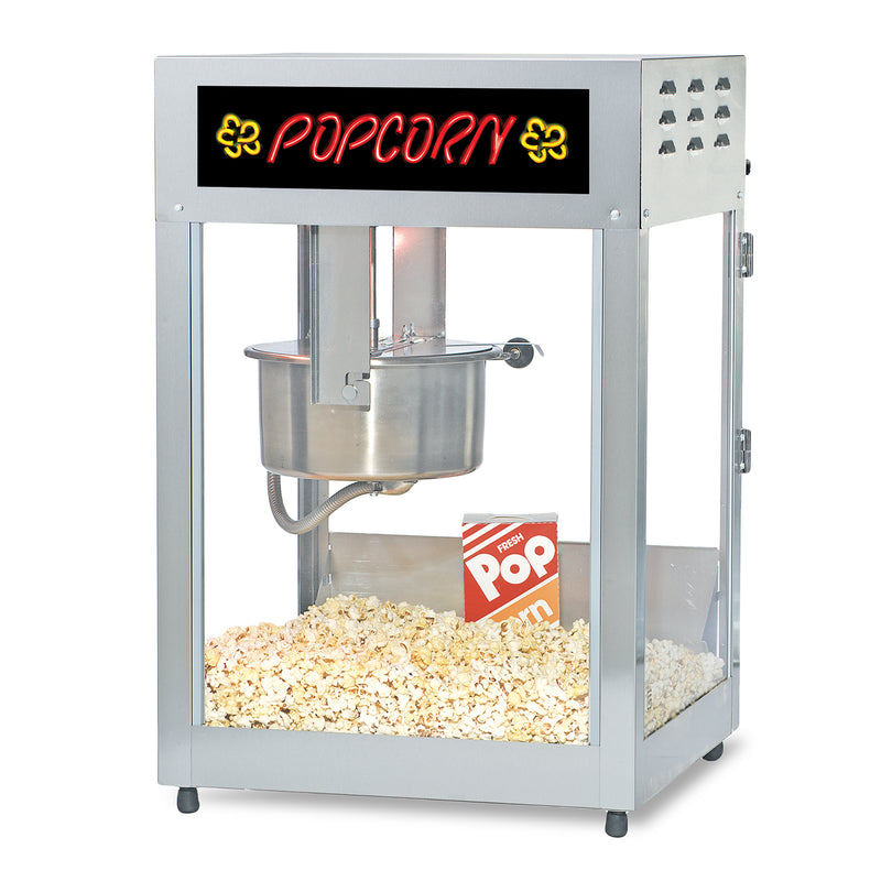 12/14-ounce popper with stainless steel cabinet and red and yellow led neon popcorn sign