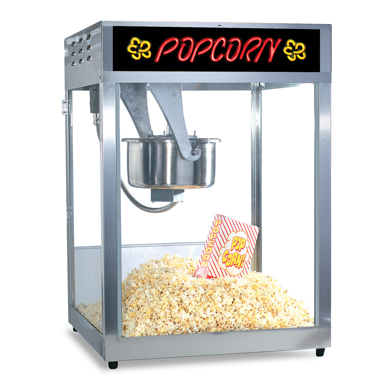 16-ounce popper with stainless steel frame, and red and yellow led neon popcorn sign