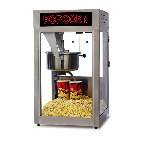 Popcorn Machine with red neon popcorn text sign isolated on black background.