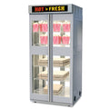 A stainless steel commercial display warmer with two glass doors, showing popcorn buckets and pizza boxes inside, on a white background.