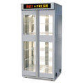 A stainless steel commercial glass-door display merchandiser with wire shelves inside and a black top sign reading 'HOT & FRESH' in red and yellow text, shown on a white background.