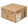 A large brown cardboard shipping box with printed handling instructions, arrows, and a visible Pop-A-Lot Popping Oil Buttery Topping Oil label on the front-right side, photographed on a plain white background.