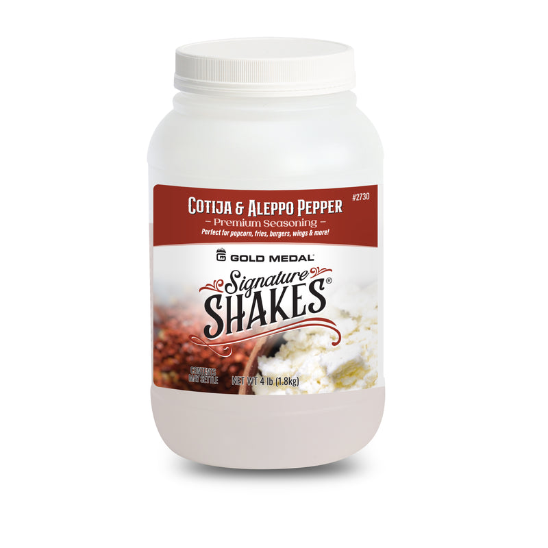 Front of Signature Shakes jar with Coijta and Aleppo Pepper graphics.