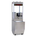 Stainless steel ReadyServe Jr. self-serve popcorn machine mounted on matching metal base with casters, featuring illuminated “Popcorn” sign and front dispensing chute.
