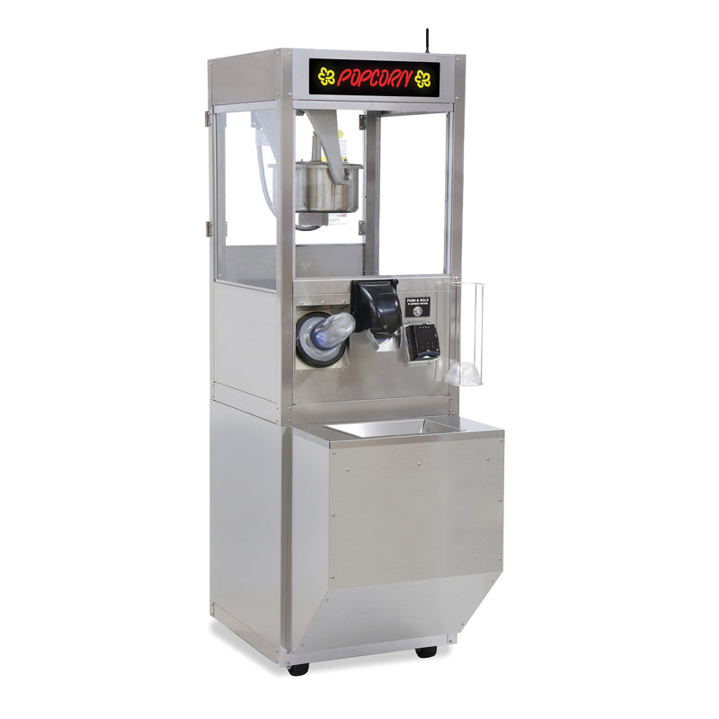 ReadyPop Cashless machine - stainless steel, with cups and cashless payment system on a white backdrop.