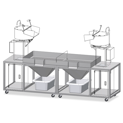 front view of table and accessories with outline where the cookers will go for the twin kettle pro plant system