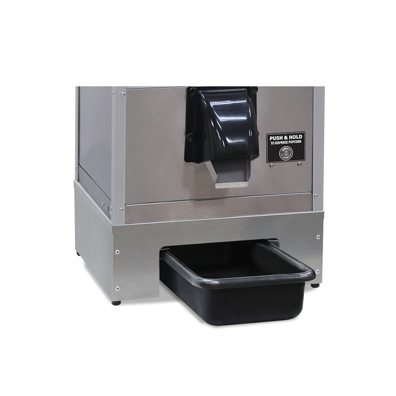 Stainless steel counter stand with black plastic bin for ReadyPop Jr. popcorn vending machine.