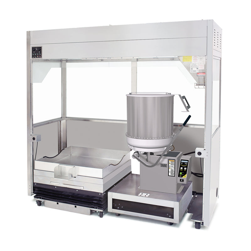 Karmel Klean recirculating hood system is a large metal enclosure with plexiglas windows. Shown with height adjustable Karmel Kool table and Mark 10 cooker mixer (all sold separately).