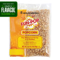 A clear plastic Gold Medal Mega-Pop pre-measured kettle kit bag containing popcorn kernels, oil, and salt, pre-measured for a 4-ounce kettle with a bright yellow and red label with a green icon that says, "Now made with Simply Flavacol Seasoning Salt"