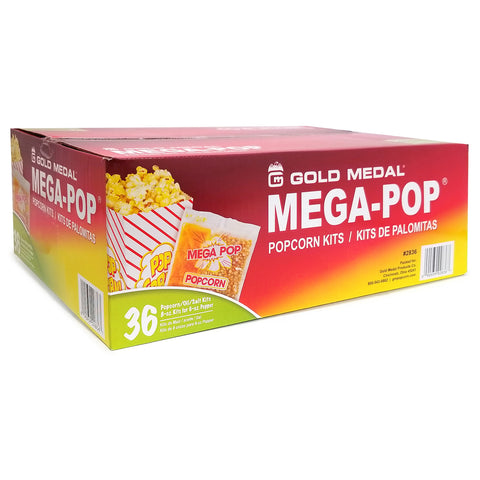 Gold Medal Mega-Pop popcorn boxes in a 36-count bulk pack, featuring red, yellow, and green packaging with illustrations of popcorn.