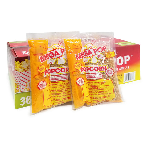 Two individual Mega Pop popcorn kits displayed in front of a cardboard case labeled for 6-ounce poppers.