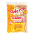 Clear plastic Mega Pop popcorn kit containing popcorn kernels, oil, and salt, pre-measured for a 6-ounce kettle.