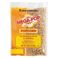 A clear plastic Gold Medal Mega-Pop pre-measured kettle kit bag containing popcorn kernels, oil, and salt, pre-measured for a 6-ounce kettle with a bright yellow and red label 