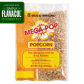 A clear plastic Gold Medal Mega-Pop pre-measured kettle kit bag containing popcorn kernels, oil, and salt, pre-measured for a 6-ounce kettle with a bright yellow and red label with a green icon that says, "Now made with Simply Flavacol Seasoning Salt"