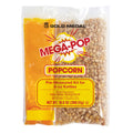 Clear plastic Mega Pop popcorn kit with popcorn kernels and butter-flavored oil, pre-measured for an 8-ounce kettle.
