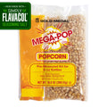 A clear plastic Gold Medal Mega-Pop pre-measured kettle kit bag containing popcorn kernels, oil, and salt, pre-measured for an 8-ounce kettle with a bright yellow and red label with a green icon that says, "Now made with Simply Flavacol Seasoning Salt"