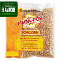 A clear plastic Gold Medal Mega-Pop pre-measured kettle kit bag containing popcorn kernels, oil, and salt, pre-measured for a 12/14-ounce kettle with a bright yellow and red label with a green icon that says, "Now made with Simply Flavacol Seasoning Salt"