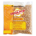 Clear plastic Mega Pop popcorn kit containing popcorn kernels, oil, and salt, pre-measured for a 12- or 14-ounce kettle.