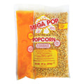 Clear plastic Mega Pop popcorn kit containing popcorn kernels and butter-flavored oil, pre-measured for a 16-ounce kettle.