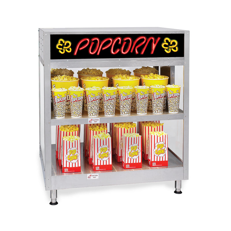 two-shelf, 36-inch staging cabinet for displaying popcorn in bags or tubs