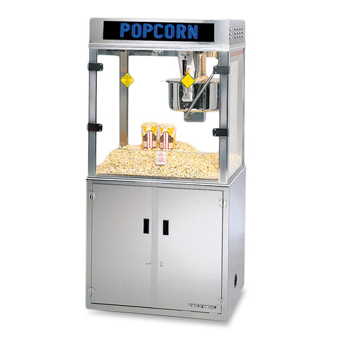 Popcorn Machine with blue neon text popcorn sign isolated on black background.