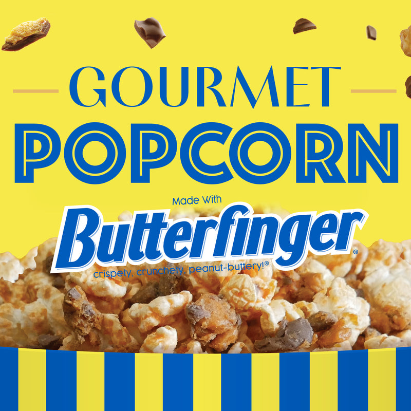 Gourmet Popcorn made with Butterfinger. Butterfinger pieces of candy mixed with popcorn.